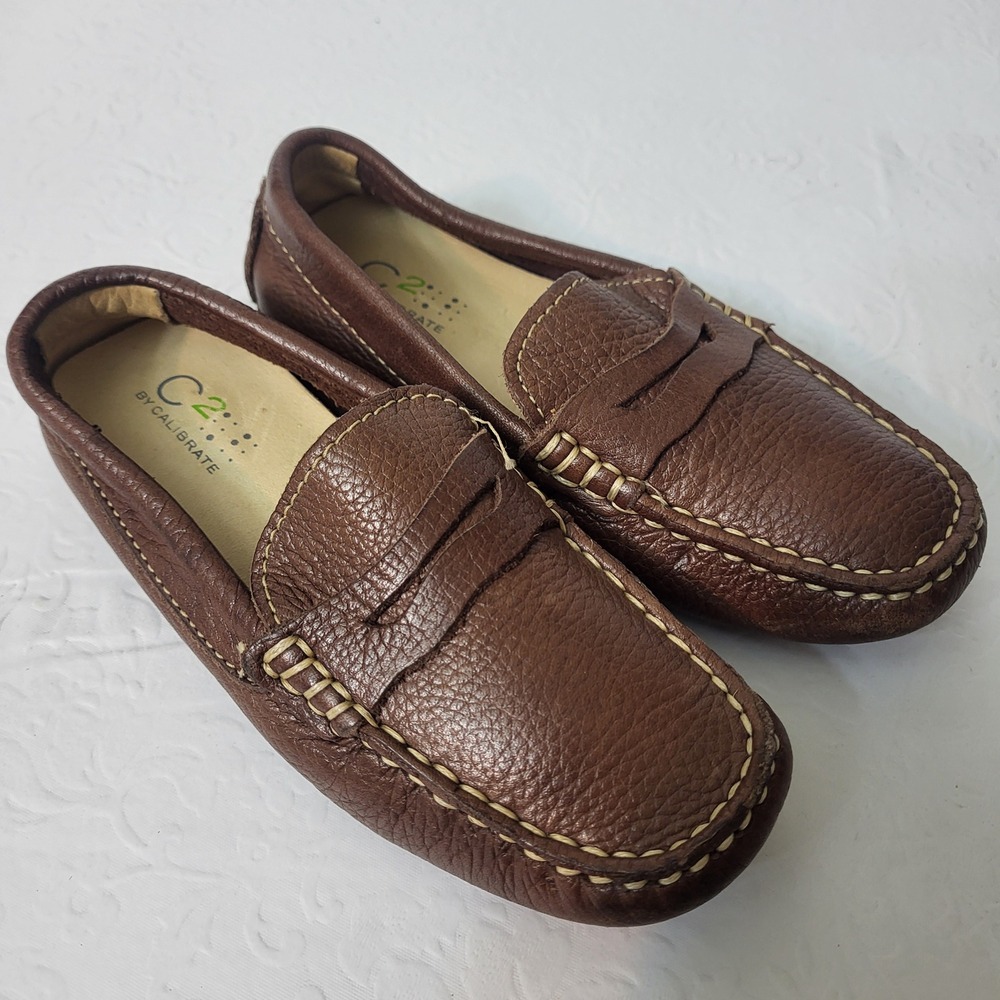 C2 By Calibrate Kids Brown Leather Penny Loafer Driving Moccasins EU 27 US 9-10